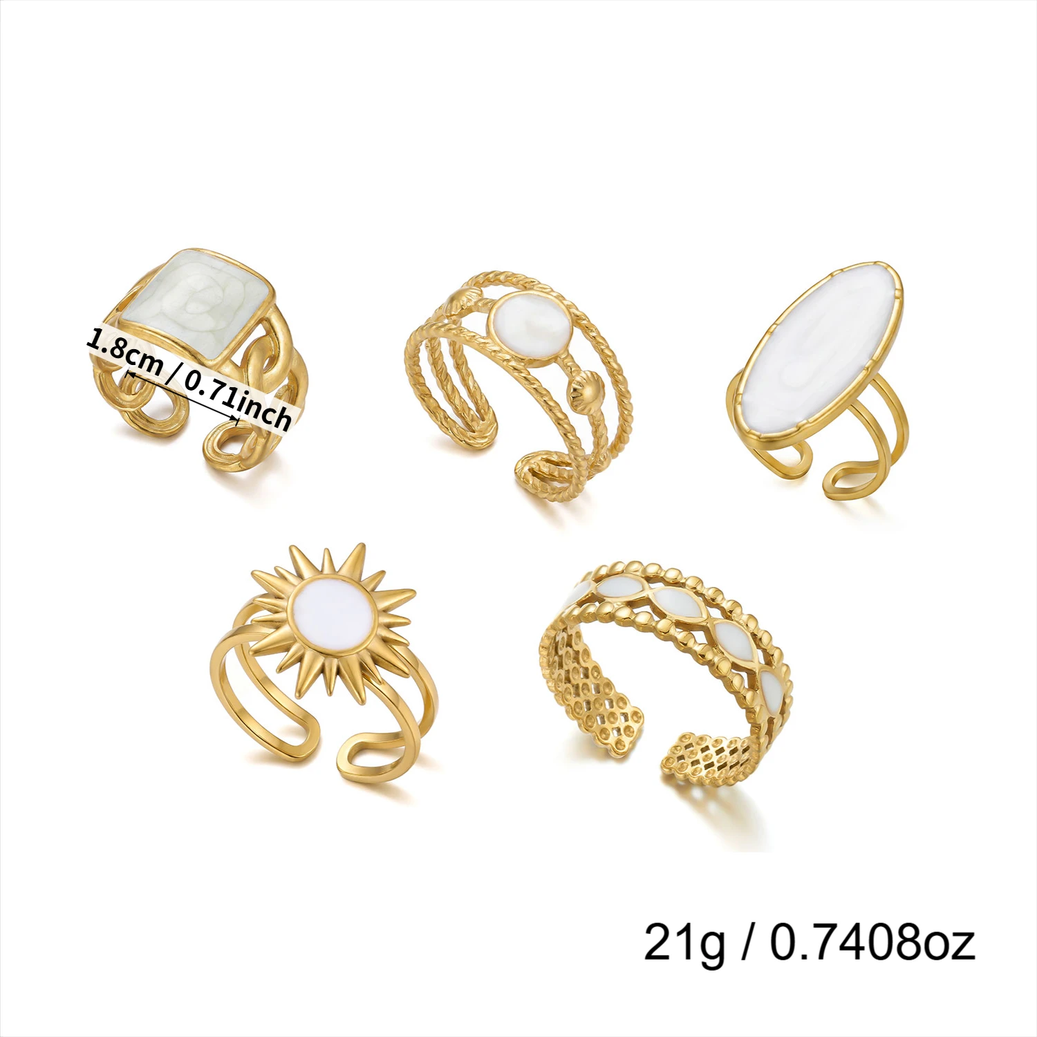 5-teiliges Set aus geometrischen, goldfarben beschichteten Edelstahl-Emaille-Ringen für Damen, stapelbar, Party-Knuckle-Schmuckset, Geschenk, wasserdicht – Detail 3