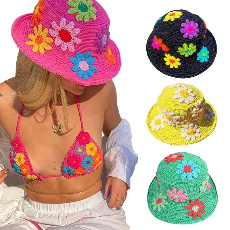 Flower Bucket Hat Daisy Crochet Hats For Women Lightweight Floral Fisherman Hat Summer Sun Hat Wide Brim Sunscreen Cap