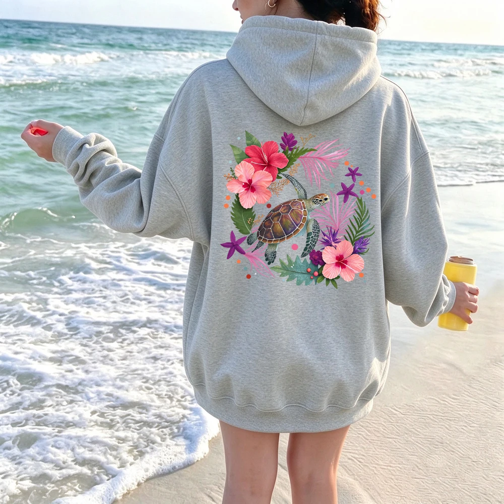 Sea Turtle Colorful Hibiscus Flower Printed Hoodies Womens Autumn Fleece Sweatshirts Basics Pocket Tops Casual Loose Clothes