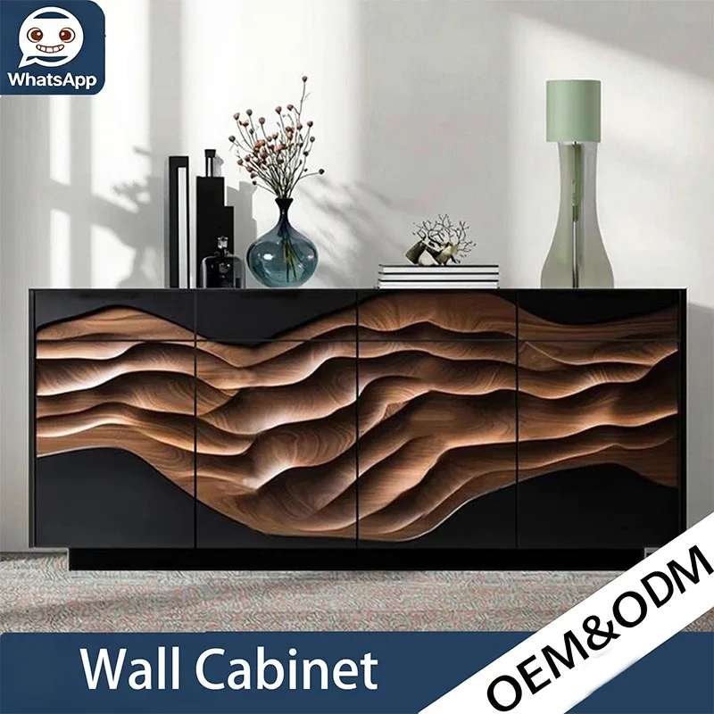 New Designer High-End Solid Wood Wall Cabinet, Art Embossed Large Storage Side Cabinet for Household Entryway Against Wall Decor