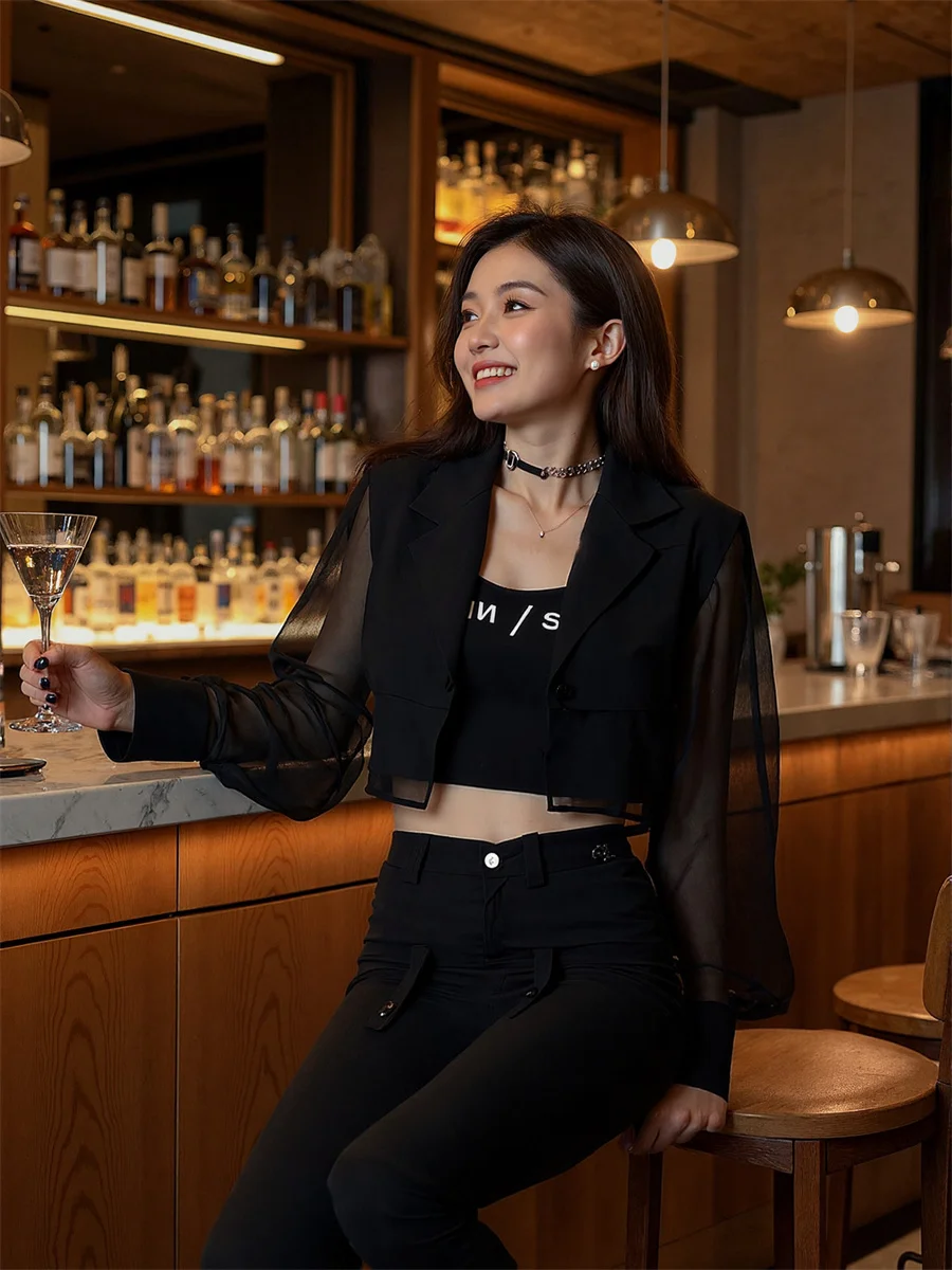 

Sun-proof Cropped See-through Back-Slit Blazers Elegant Woman Clothes For Women Holiday Solidcolor Sleevebuttons Evening Commute