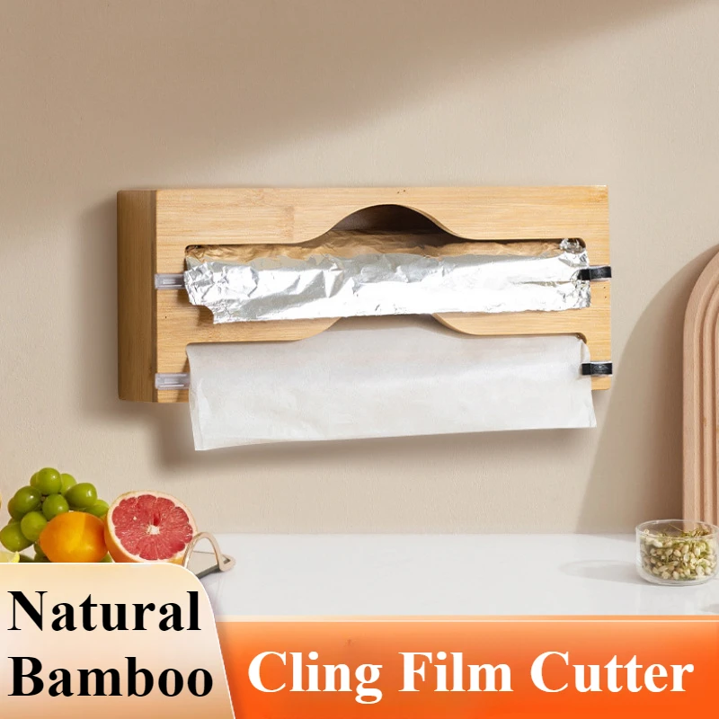 Bamboo Cling Film Cutter Tin Foil Plastic Wrap Cutter Multi-compartment Storage Box Kitchen Storage Accessories