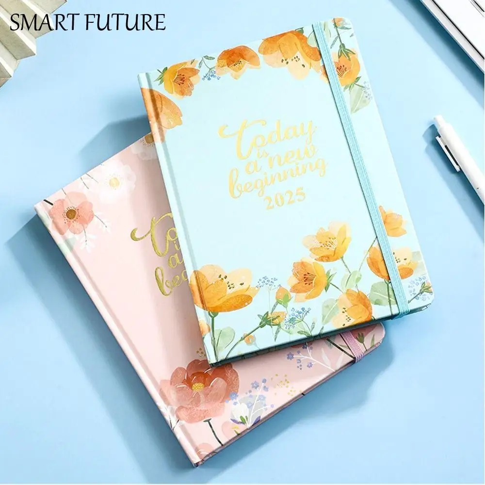 A5 2025 Planner Notebooks Thick Paper Cardboard Cover English Notebook Elastic Band Design Multifunction Datebook Stationery
