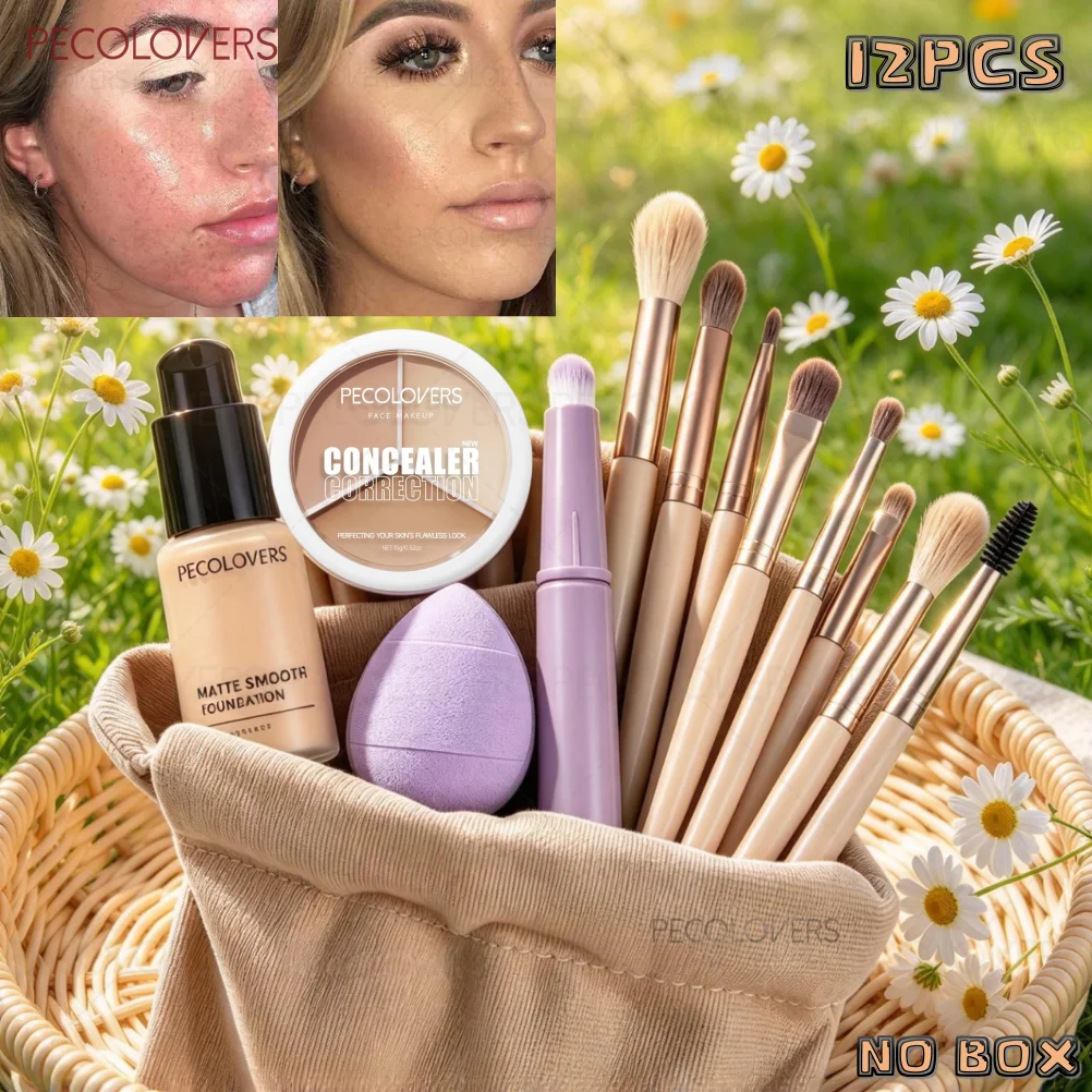 12PCS/Set Liquid Foundation + Concealer + Puff +Brush Set, Covering Dark Circles and Acne Marks, Beauty Makeup, Gift