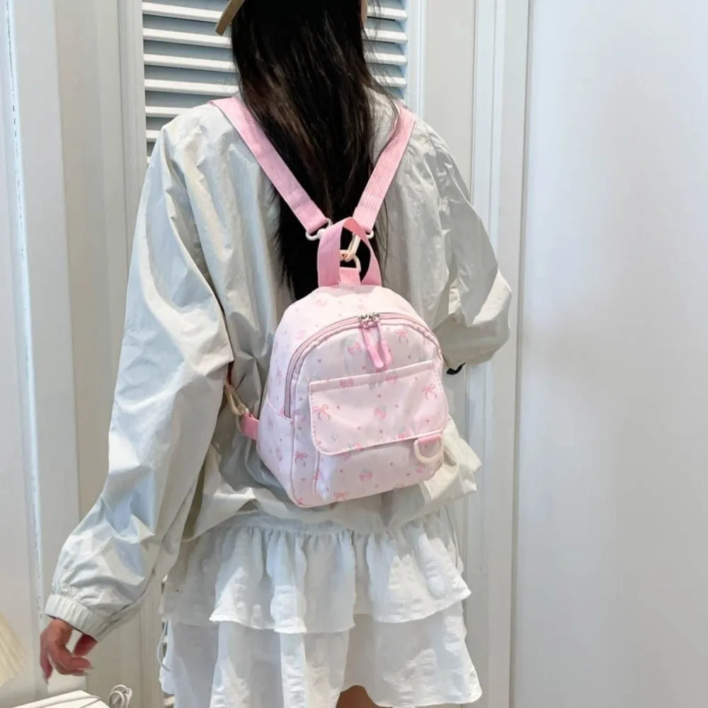 Casual Lightweight Mini Backpack Strawberry Nylon Bowknot Printed Bag Polyester Small Daypack Commute