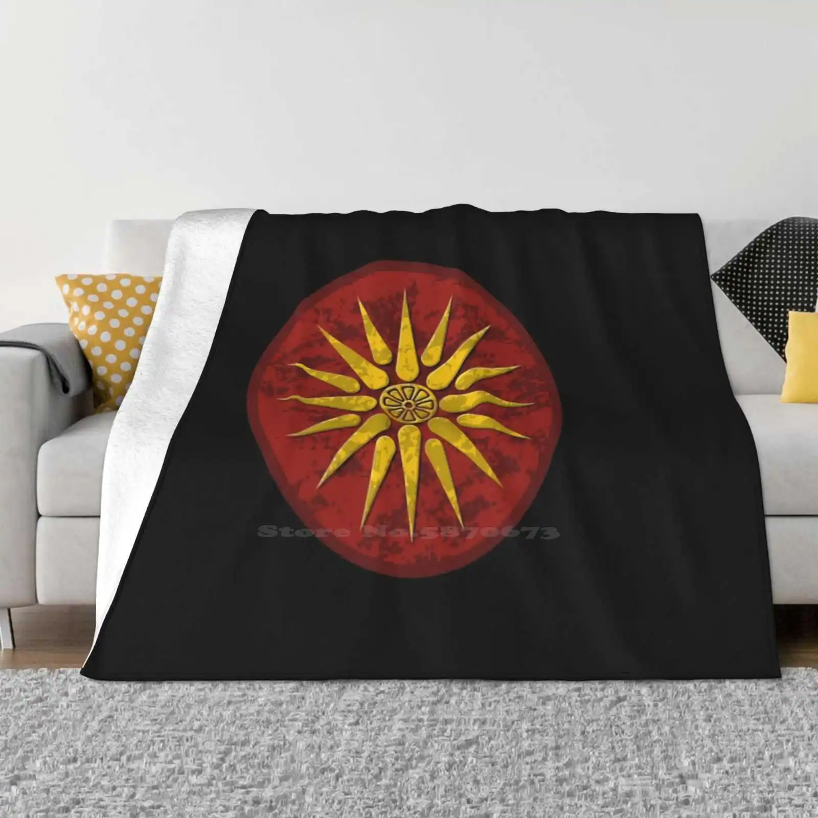 Macedonia Symbol Color Shaggy Throw Soft Warm Blanket Sofa/Bed/Travel Love Gifts Greece Crest Shield Symbol Sun Star Round