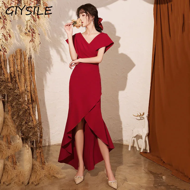 Vestido de noiva vermelho com decote em v, costas nuas, temperamento, banquete, vestido de noite, vestidos irregulares, estilo longo, vestidos de fiesta