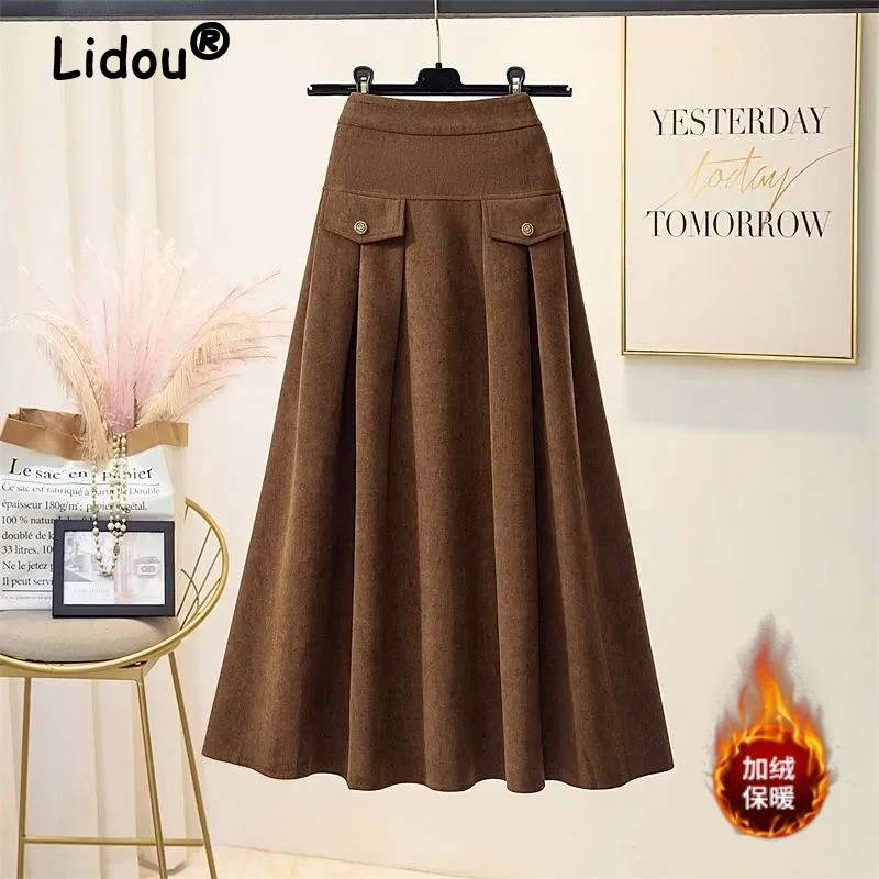 Women Clothing Autumn Winter Stylish Vintage Corduroy Slim Thick Skirts Female Elegant Chic High Waist Pleated Midi Dress Faldas