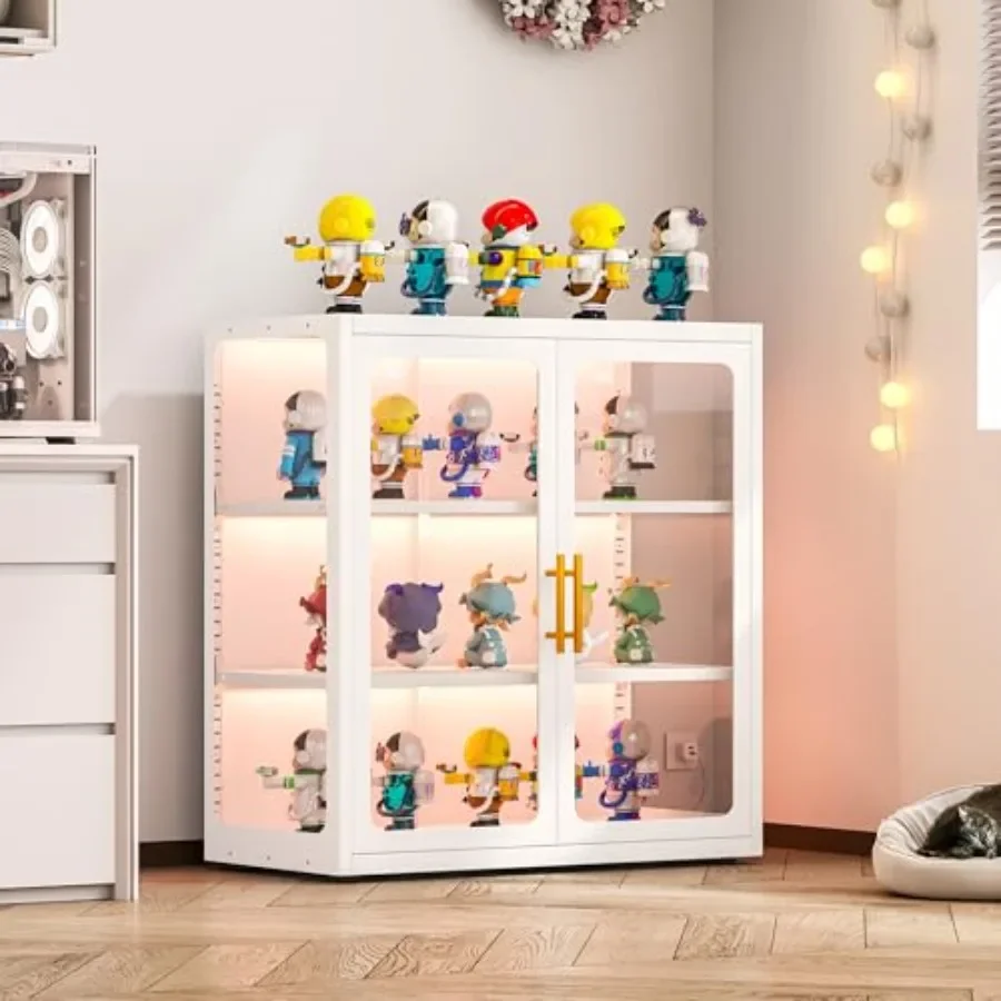 Display Cabinet with Glass Door for Collectibles, White Metal Curio Cabinet with LED Lights, 3-Tier Glass Display Case Featurin