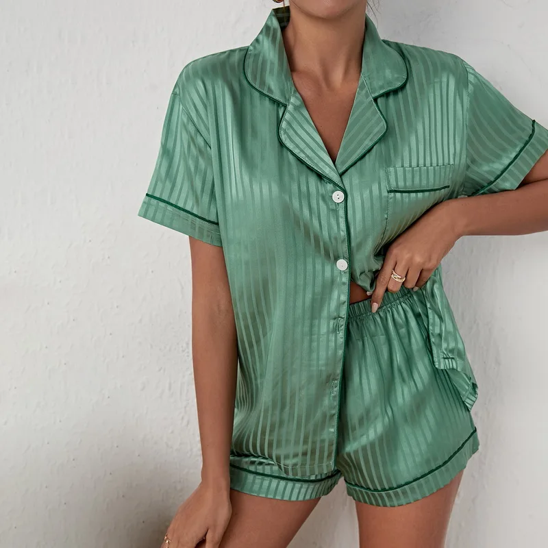 Pajama Set Women\'s Striped Silky Satin Pajamas Short Sleeve Top with Shorts Sleepwear PJ Set Underwear 2023 New S-3XL