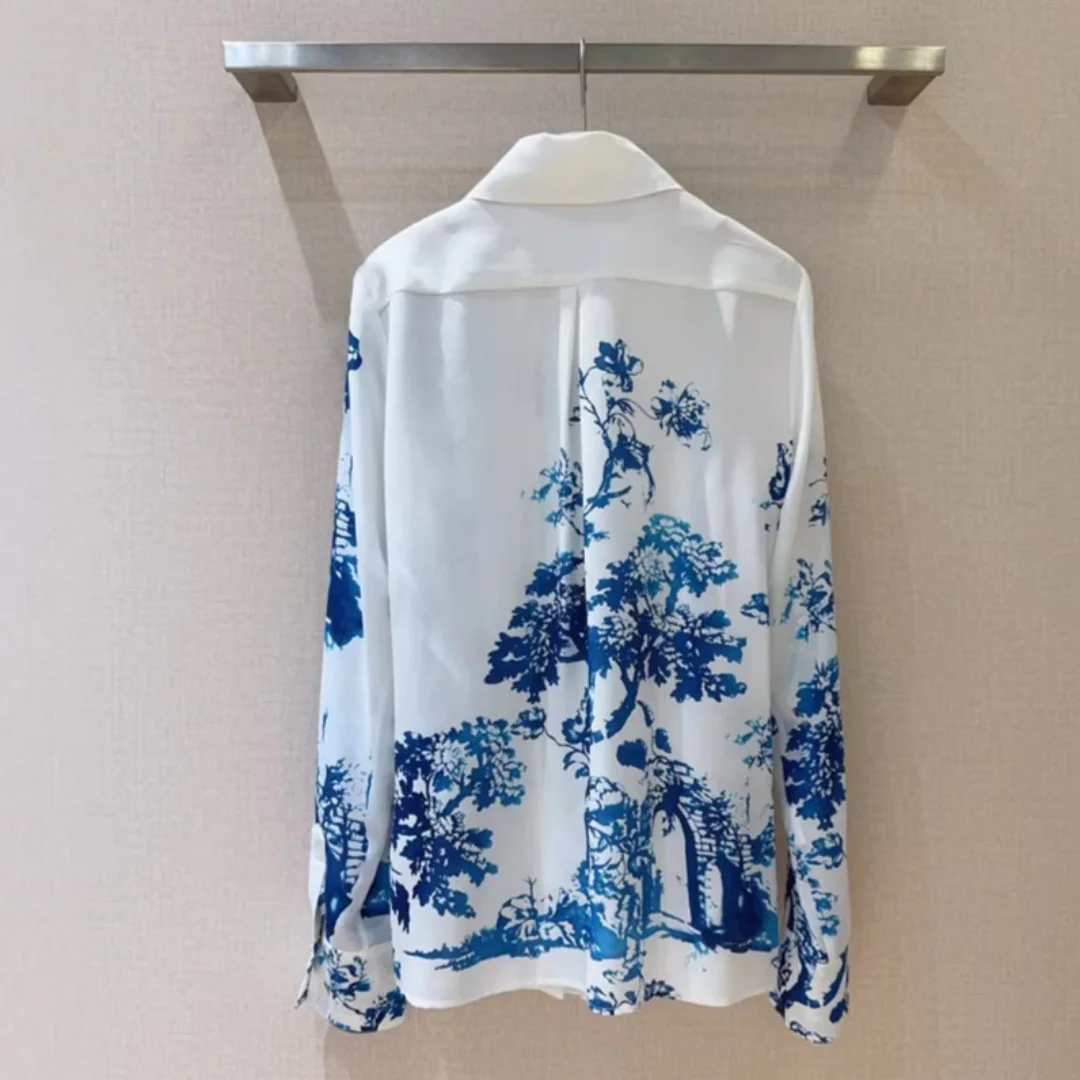 Women's Summer Asymmetric Blue and White Porcelain Pleated Blouse