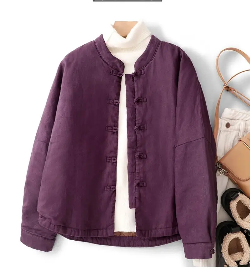 2025 Inverno Nuovo Artistico Allentato Plus-Size Giacca da donna in cotone tinta unita dimagrante con bottoni cinesi Top per ragazze paffute