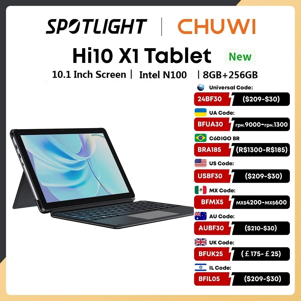 CHUWI  Hi10 X1 Tablets 10.1 Inch FHD Screen Intel Quad Core N100 Processor 8GB RAM 256GB ROM Windows Tablets 2 In 1 Tablet PC