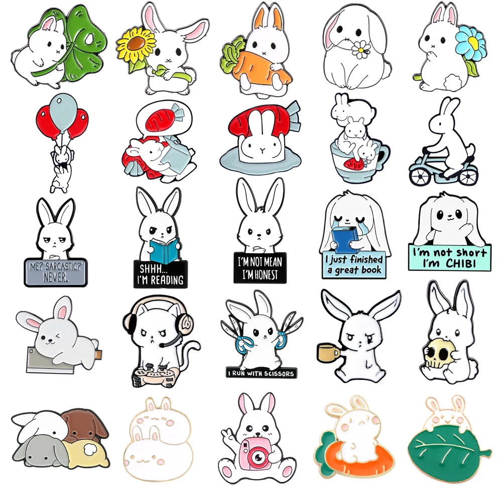 

Cute Rabbit Enamel Brooch Carrot Rabbit Balloon Bike Read Book Honest Scissors Camera Gamer Rabbit Badge Punk Lapel Pins Jewelry