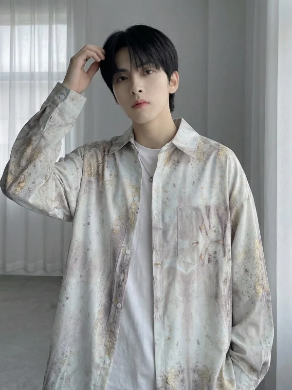 

TANGZ STUDIO Мужская свободная рубашка с длинным рукавом из ледяного шелка, окрашенная, с защитой от солнца, повседневная молодежная верхняя одежда из полиэфирного волокна