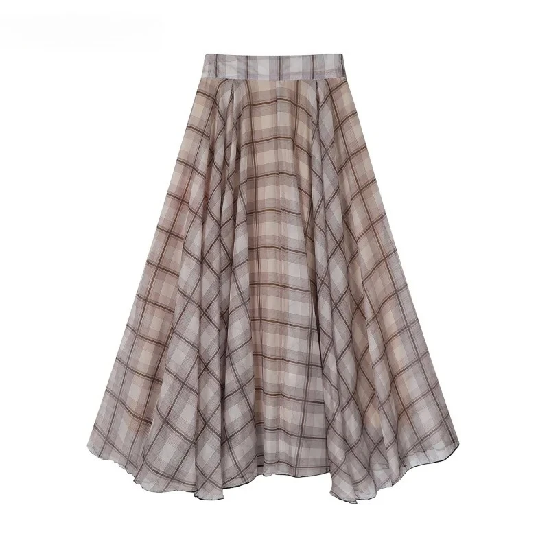 Trendy Plaid Midi Skirt Women Elegant Loose High Waist A-Line Tulle Mesh Skirt Summer Casual 2025 New Korean Chic Flowy Bottoms