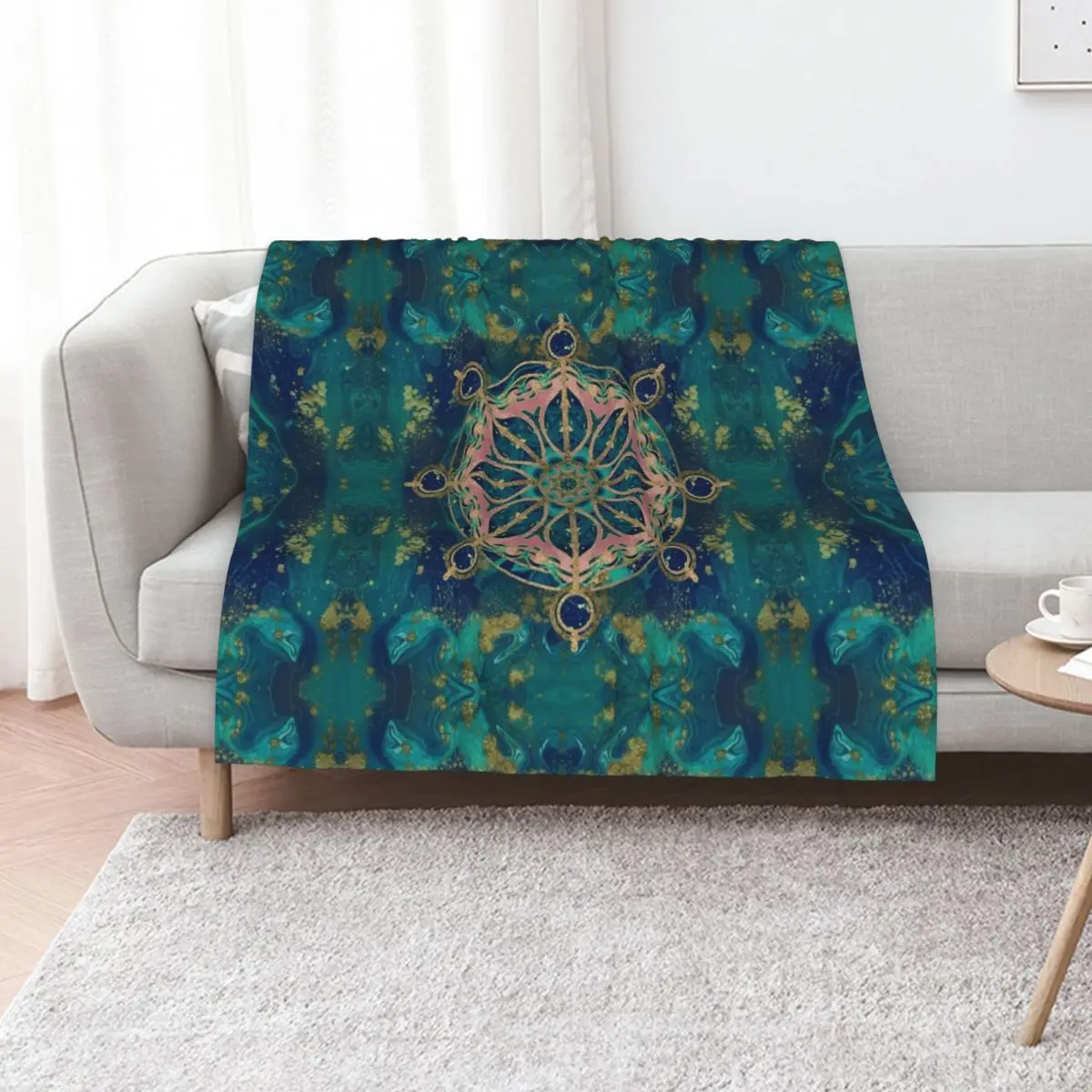 Dharma Wheel - Dharmachakra Gemstone & Gold Throw Blanket Nap Heavy Plaid Sofa Throw Extra Large Throw Blankets