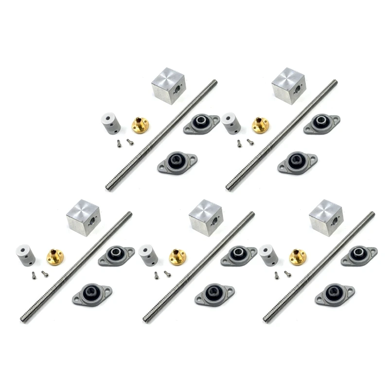 5Set 200Mm Length 8Mm Dia Silver Vertical 2Mm Lead Screw Rod & Pillow Block Mounted Bearing T8 Lead Screw Kit