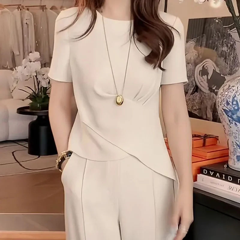 Pants two-piece women\'s summer new fashion suit irregular waist shirt coat semi-elastic waist wide leg straight tube pendant