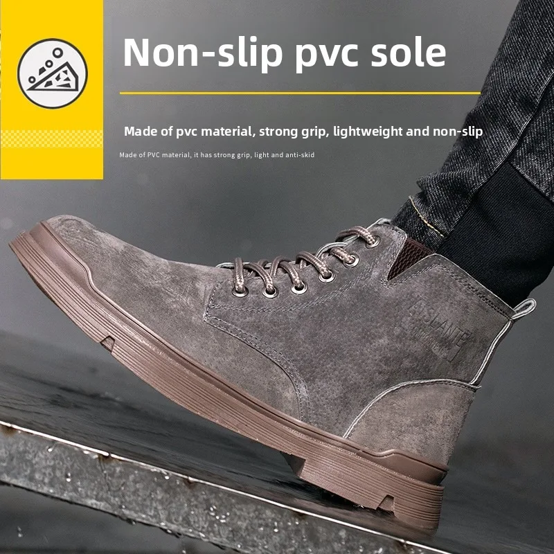 Men High Top Steel Toe Anti Smash Anti Puncture Safety Work Boots Soft Cowhide Sole Industrial Durable Protective Footwear