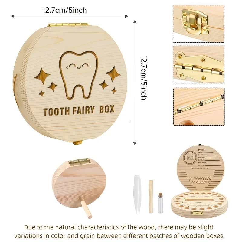 Wooden Tooth Fairy Box Tooth Keepsake Storage Box Teeth Hair Commemorative Preservation Gift Birthday Halloween Christmas Gift