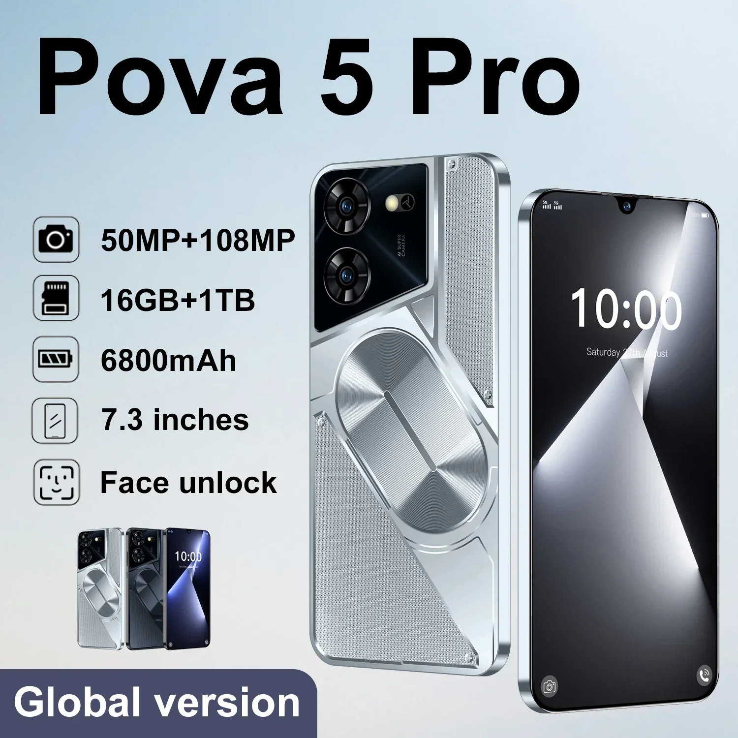 Pova 5 Pro Smartphone Global version 16GB+1TB 7.3'' HD+ Android 13 6800mAh 5G Gaming Phone Dual SIM Phone Dimensity 9300 phone