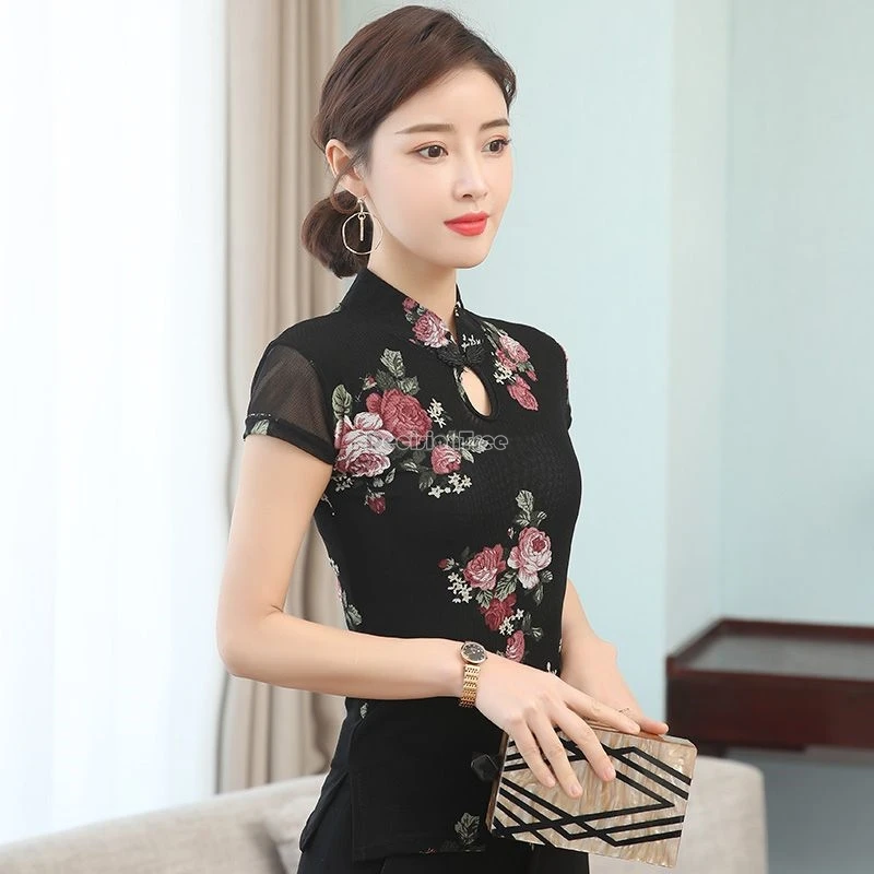 2025 new chinese style women's hollow out design vintage gauze cheongsam blouse stand collar lace short-sleeved qipao top w584