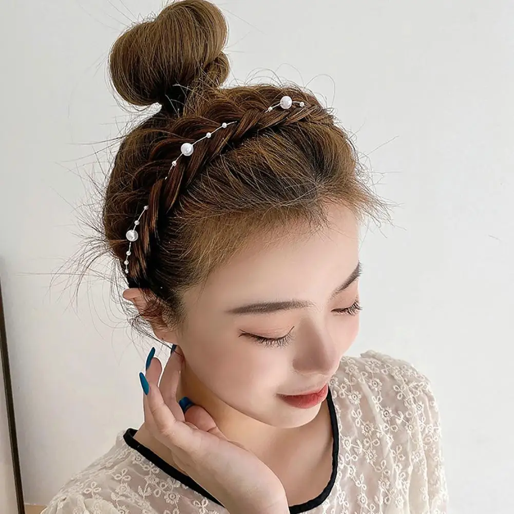 Wig Headband Wide-brimmed Three-strand Twist Braid Faux Pearl Decor Natural Color Fake Hair Wig Hair Hoop Hair Accessories