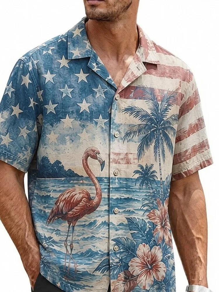 Vintage American Flag Star Print Shirts Casual Loose Men's Cuban Collar Single Breast Short Sleeve Button Down Tops