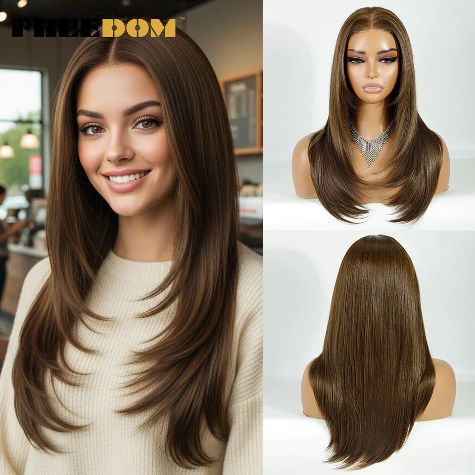 

FREEDOM Straight Synthetic Lace Front Wigs For Women 13x3 Pre Plucked Layered Lace Wig Ombre Brown Blonde White Cosplay Wigs