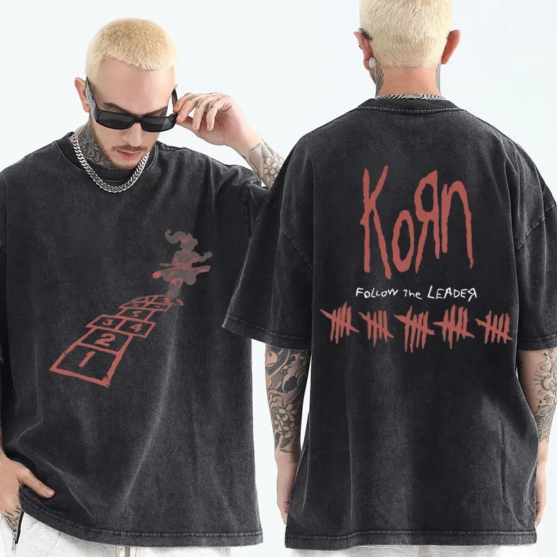 

Washed Vintage T-shirt Rock Band Korn Follow The Leader T Shirts Men Fashion Loose Short Sleeve Gothic Harajuku Oversized Tshirt