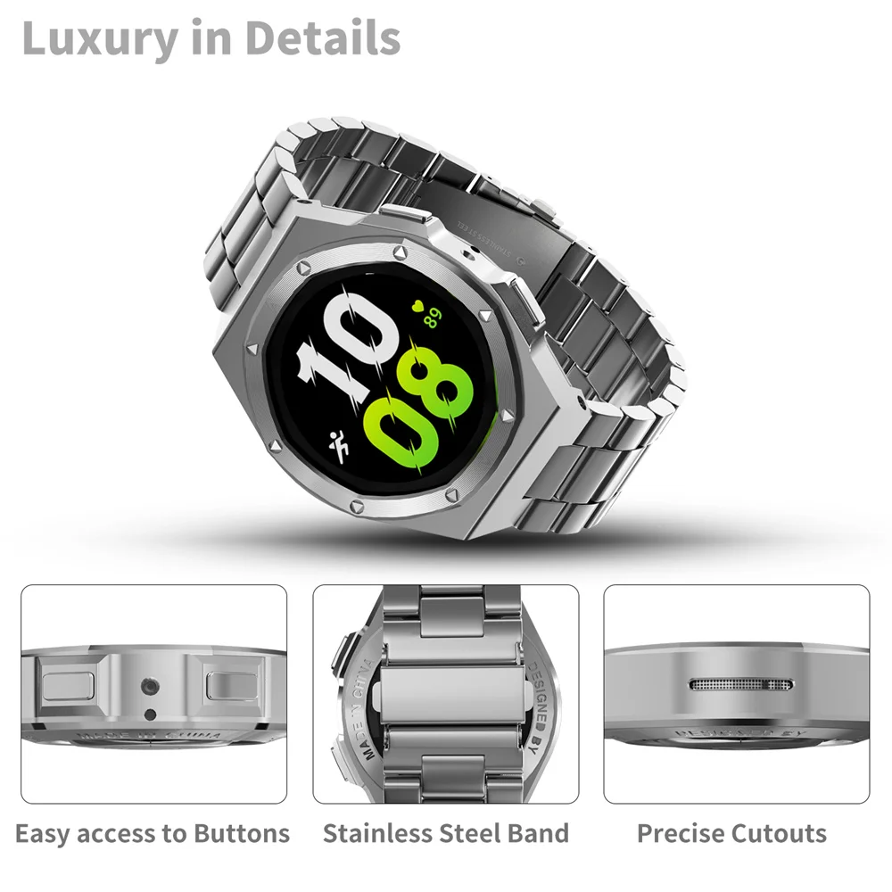 Stainless Steel Modification Kit For Samsung Galaxy Watch 4/5/6 44mm Sport Rubber Strap For Watch 6 44mm Metal Band Accessories