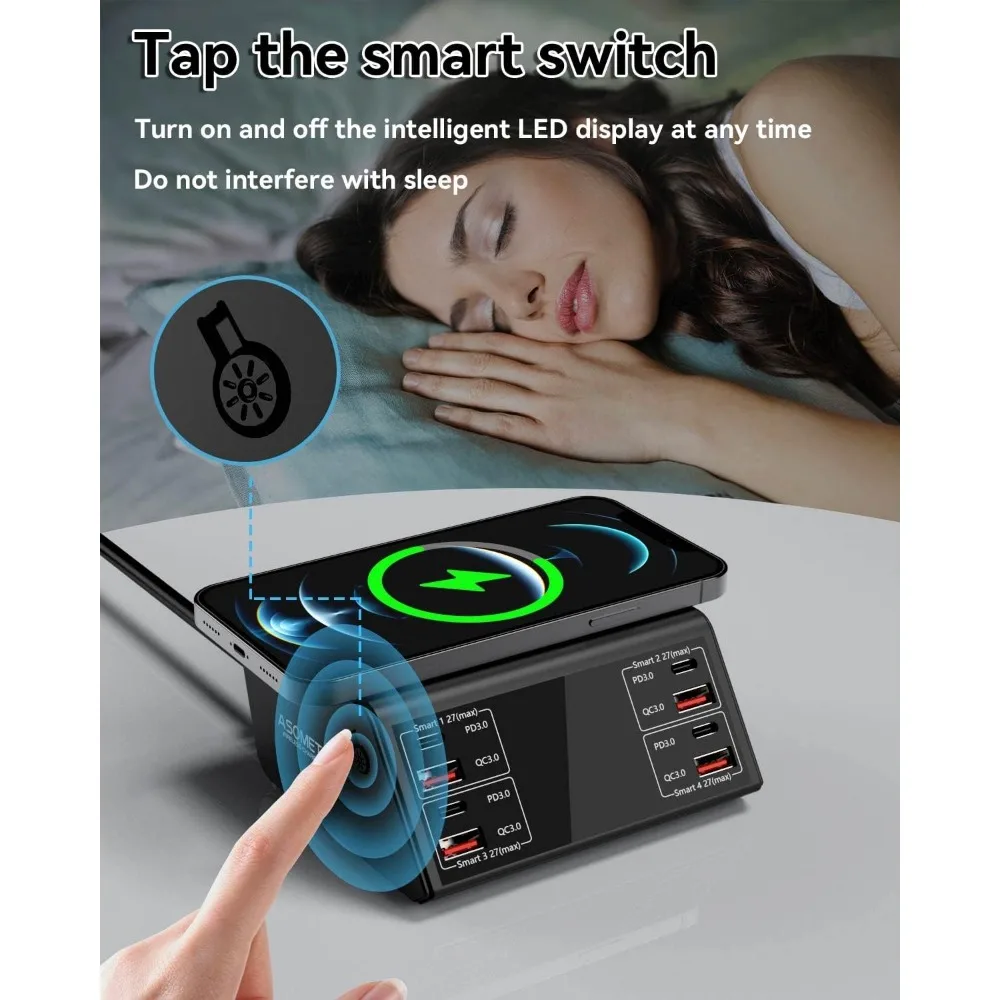 Estación de carga USB de 8 puertos de 100 W con carga rápida 3.0, USB-C PD, cargador inalámbrico y pantalla LCD para iPhone iPad Samsung
