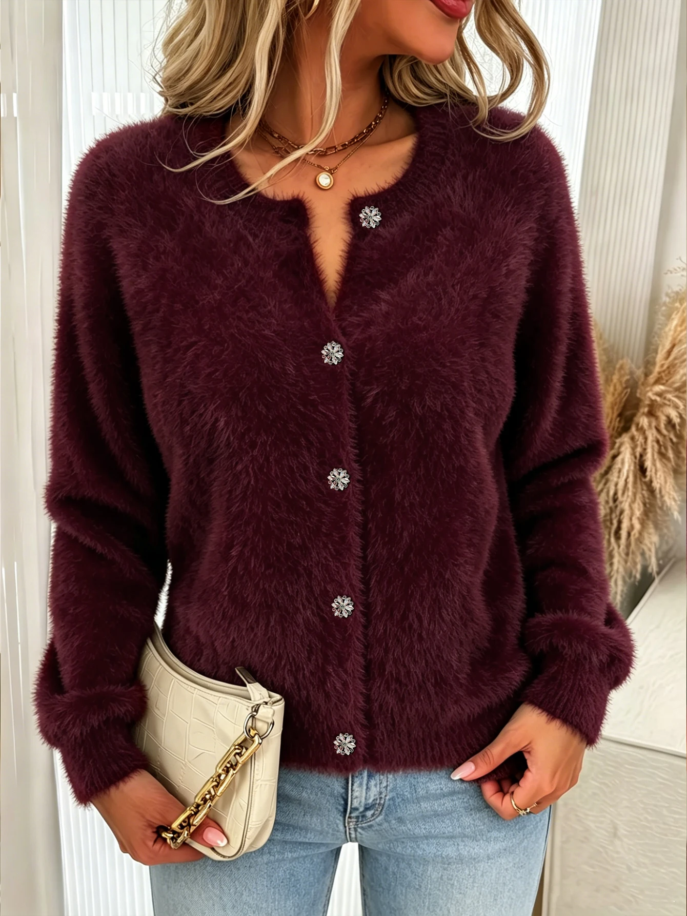 Burgundy Christmas and New Year Atmosphere-Inspired Faux Mink Fur Knit Cardigan for Women, Exquisite Snowflake Rhinestone Buttons, Round Neck, Loose Long-Sleeve Sweater Coat, European-Style Light Luxury and Gentle Style Top, Autumn and Winter Hot Item for Holiday Parties, Fluffy, Soft, Skin-Friendly Texture, Versatile for Daily Dates and Commuting, Luxurious and Eye-Catching Knit Outerwear