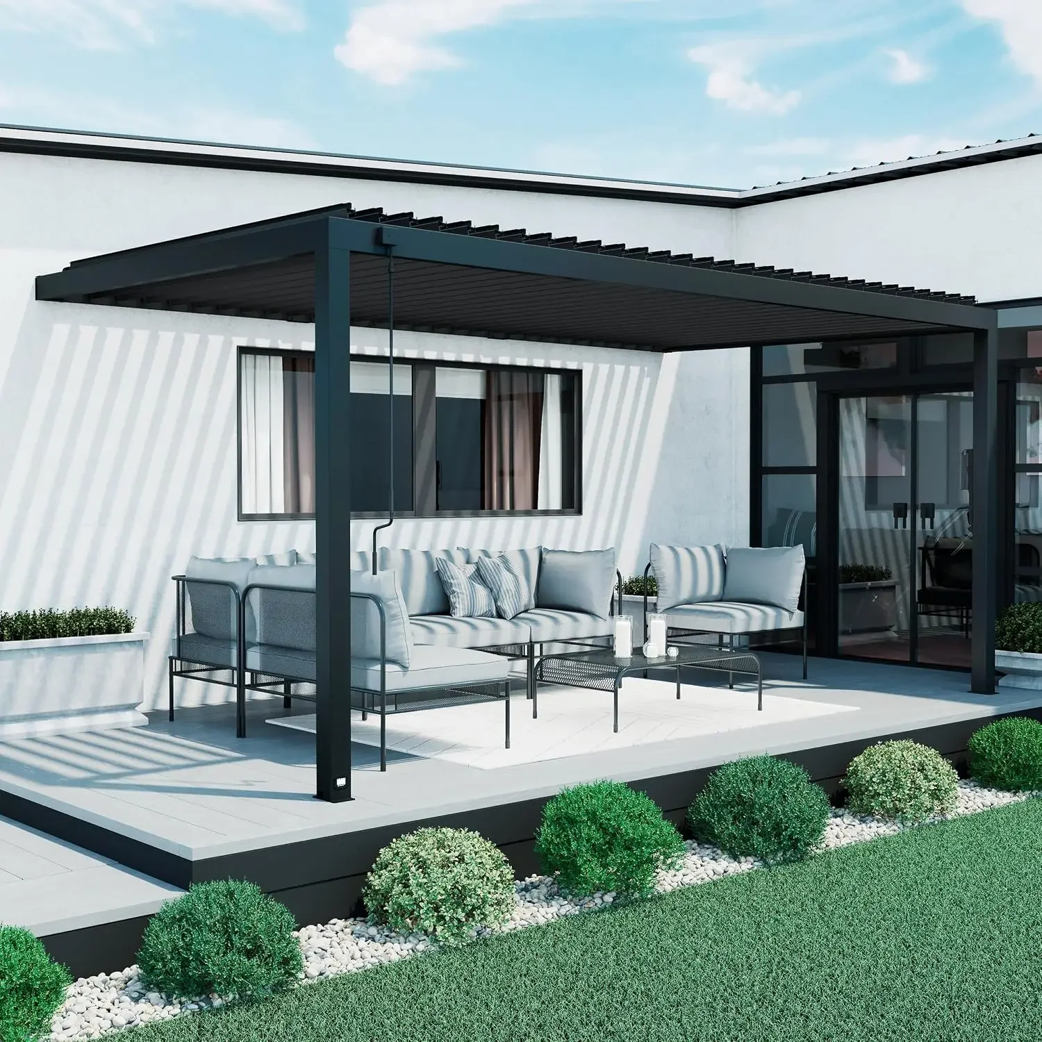 Evanston 18'x10' Galvanized Steel Wall-Mounted Louvered Pergola Kit with Adjustable Roof, Shade, Rain Protection, High-Wind Rati