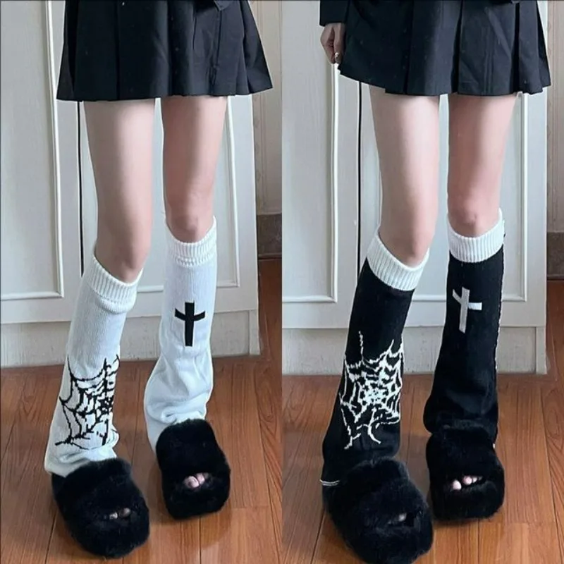 Gothic Lolita Girls Cross Spider Web Women's Gaiter Black Leg Warmers Goth Leg Cover Leggings Cuffs Boots Cover Long Knee-socks