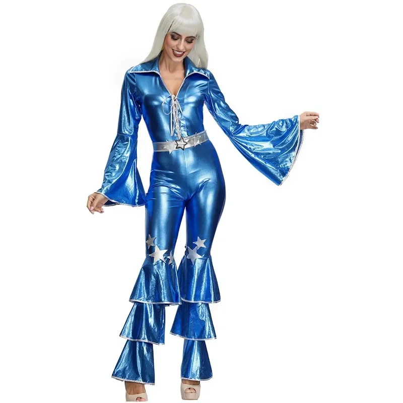 

Женский ретро-костюм в стиле 70-х и 80-х годов, костюм хиппи для ночного клуба, диско, выступлений на сцене, синий комбинезон, костюм для Хэллоуина, косплей, наряд для переодевания