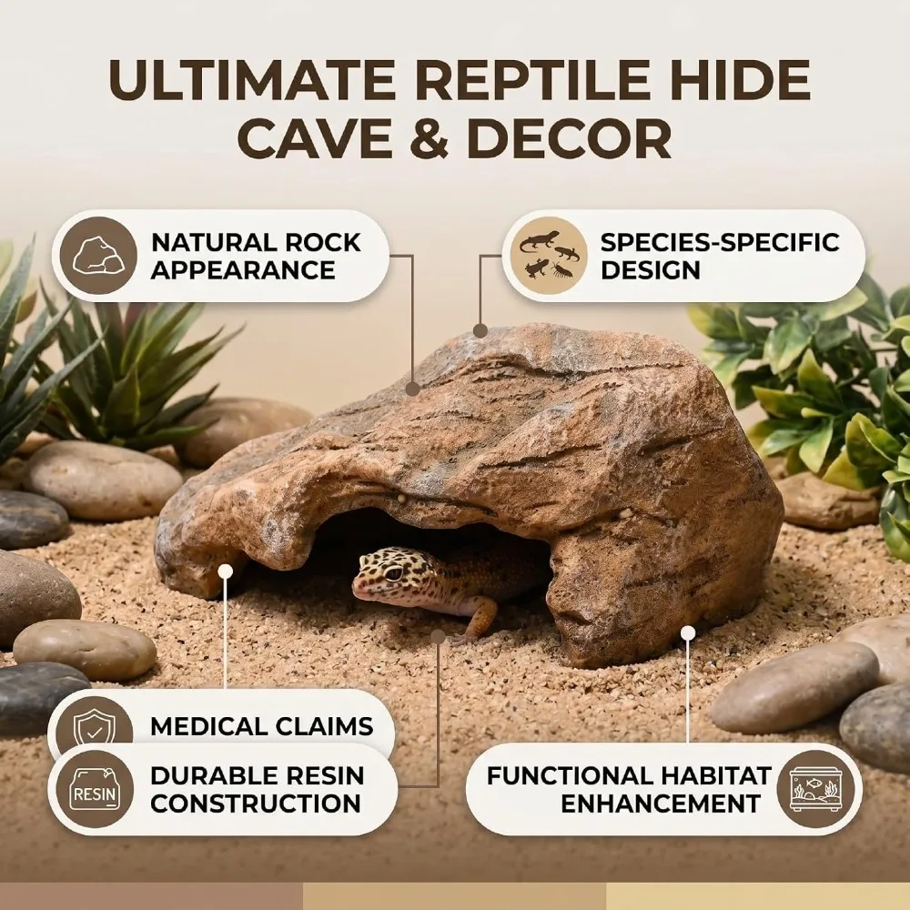 Durable Resin Reptile Hide Cave Flat Base Scratch Resistant Hideout Decor Odorless Natural Rock Design Reptiles