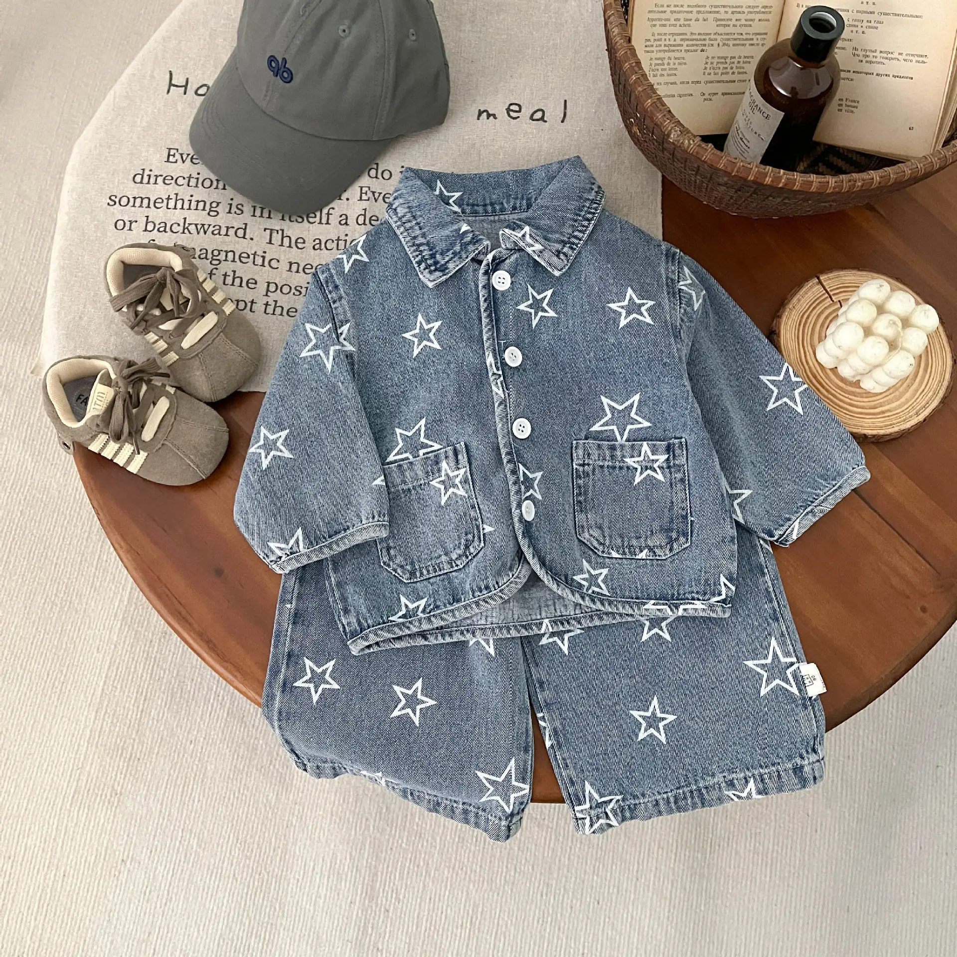 2026 Denim Baby's Sets Cool Boy Spring Denim Suit New Baby Fashion Star Jacket Casual Straight Leg Pants 2Pcs Set