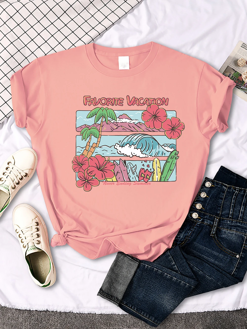 Mountains Rivers Waves Rainforests Flowers Print  Basics T Shirts Women Breathable Soft T-Shirt Crewneck Tee Cool Short Sleeve