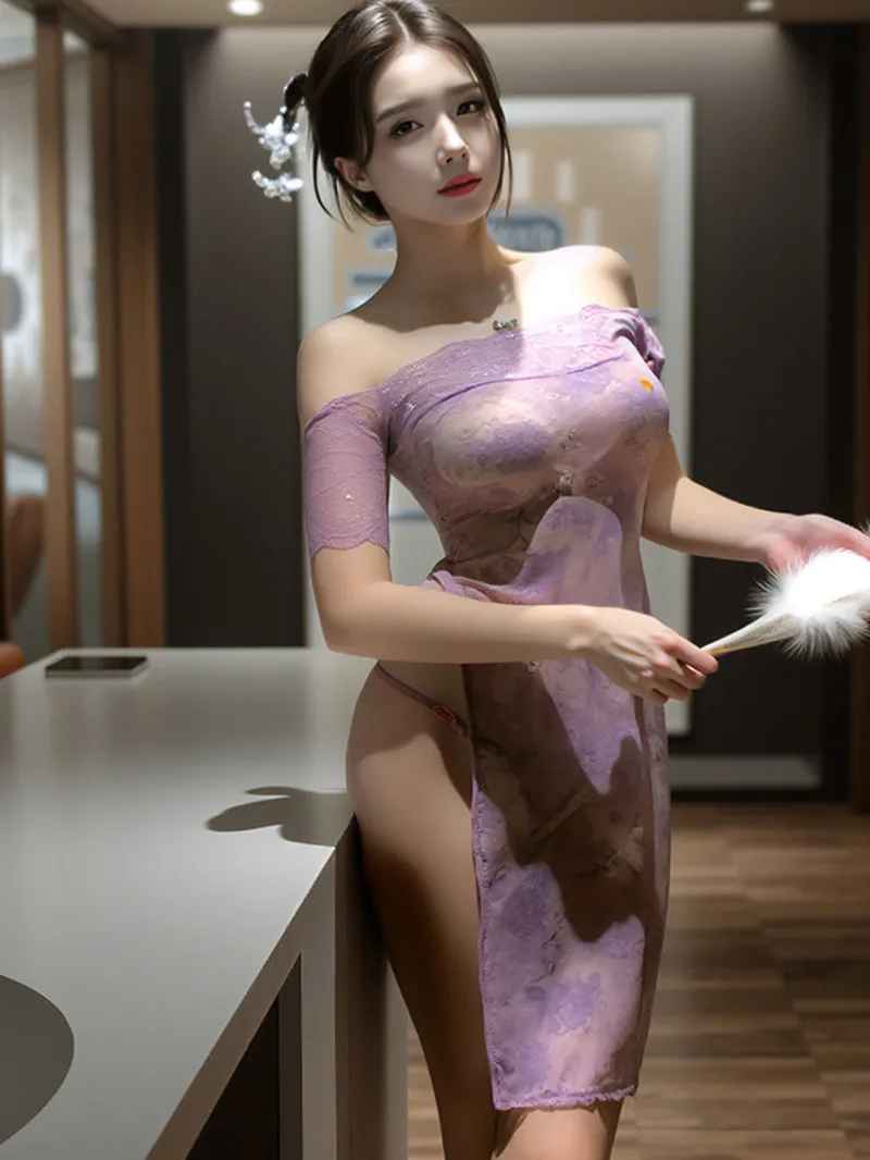 Sexy Lace Purple Cheongsam Dress Backless Deep V Short Sleevess Shoulder Leakage Transparent Flower Print Dress Pure Desire Q6W6