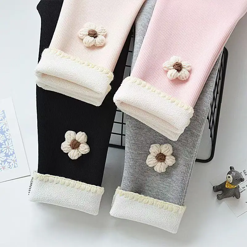 

Girls Padded Cartoon Bottoms Outside Wear One-Piece Fleece Girls Autumn And Winter Flowers Children Elastic Slim Peplum Trousers