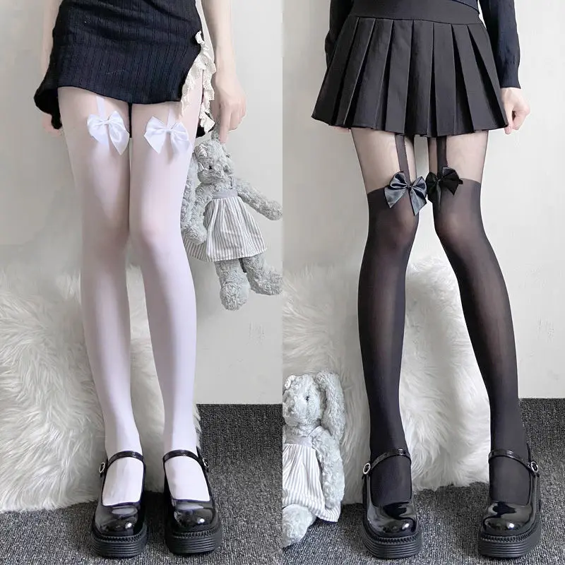 Sexy Women Pantyhose Tights Bowknot Lolita Nylon Tights Stockings Seamless Fishnet Pantyhose Female Hosiery Japanese Style Black