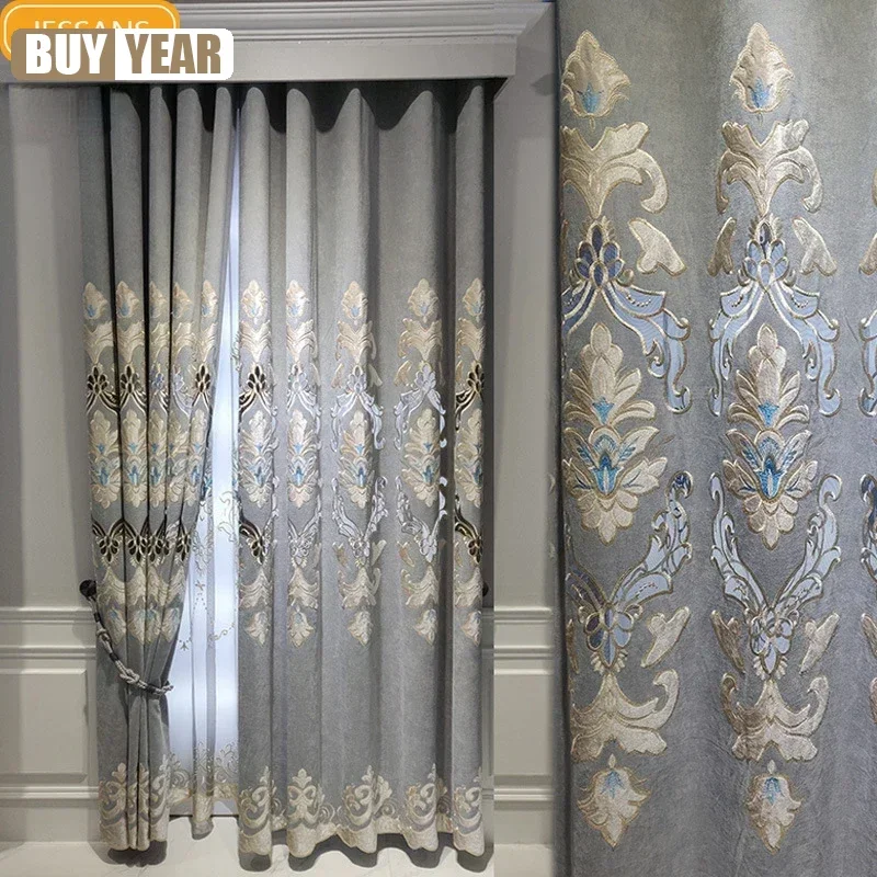

New Hollow Gray Embroidered Window Screen With Chenille Thickened Curtains For Floor To Ceiling Living Room Study Room Bedroom