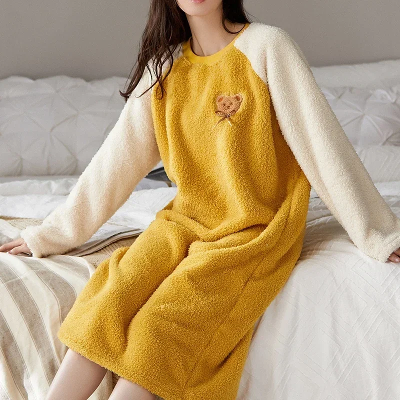 2022 Winter Thick Warm Flannel Long Sleeve Nightgowns for Women Coral Velvet Long Dress Sleepwear Night Dress Nightdress Nighty