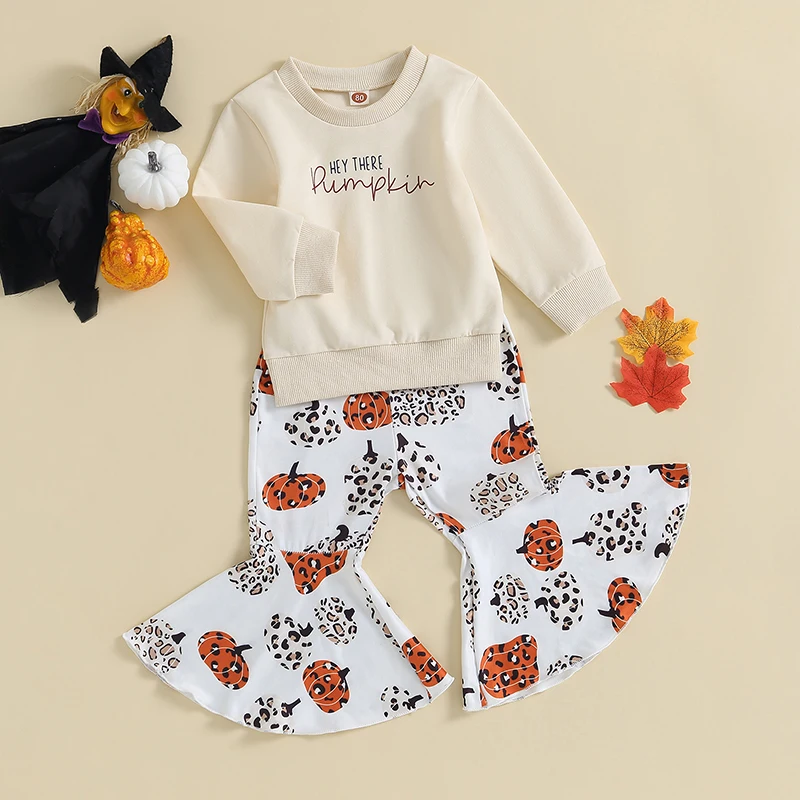 Baby Girls Halloween Costume Pumpkin Print Long Sleeve Top and Pants Set Toddler Kids 2 Piece Outfit for Fall