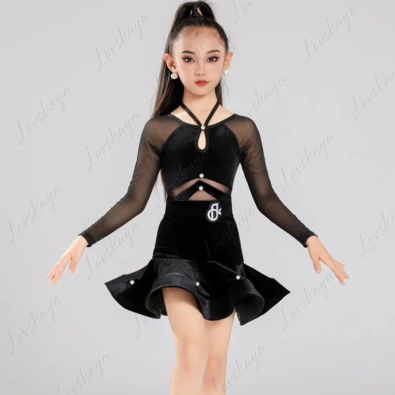ラテンダンス衣装、練習衣装セット、子供用女の子用ツーピースパフォーマンス衣装、プロフェッショナルトレーニングガーゼスカート
