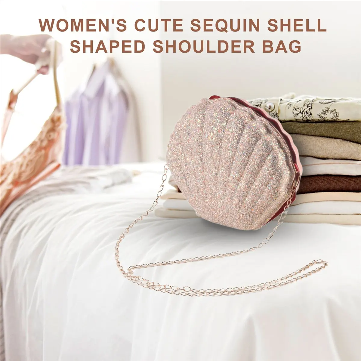 ABQR femmes filles petite sirène coquillage sac à main-sacs à bandoulière paillettes paillettes chaîne sac à main de soirée, rose