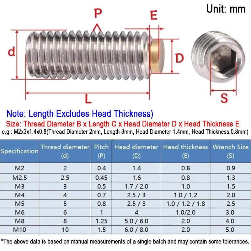 1/2/3/5/10pcs M2 M2.5 M3 M4 M5 M6 Brass Tip 304 A2 Stainless Steel Dog Point Headness Grub Set Screw Length 3mm-60mm