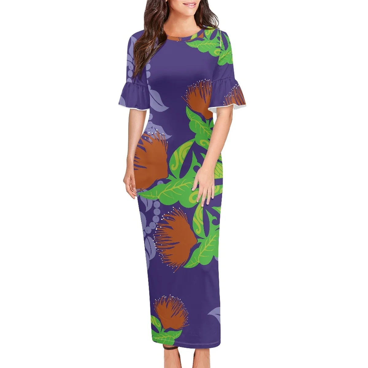 Summer Elegant Evening Party Dresses Polynesian Tribal Clothing Samoa Hawaii Lehua Print Islander Women Bodycon Petals Sleeves